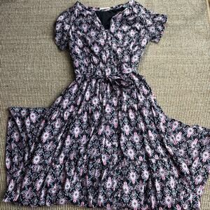 Wayward Fancies eShakti Maxi Dress Small Pink Black Damask Floral V-Neck Belt